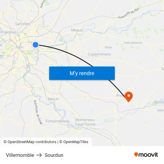 Villemomble to Sourdun map