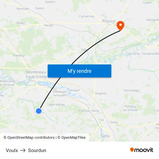 Voulx to Sourdun map