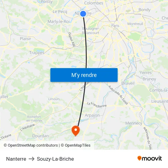 Nanterre to Souzy-La-Briche map