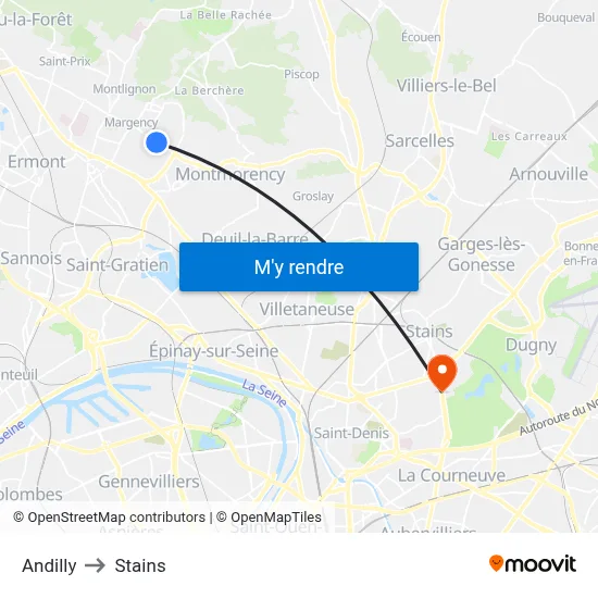 Andilly to Stains map