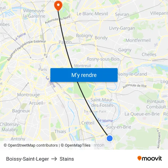 Boissy-Saint-Leger to Stains map