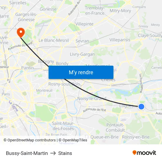 Bussy-Saint-Martin to Stains map