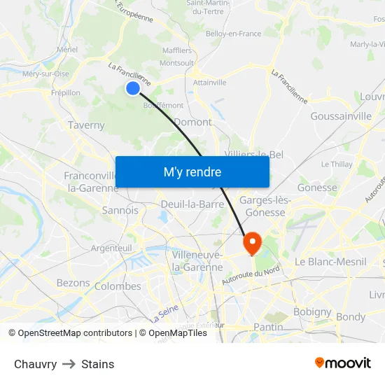 Chauvry to Stains map