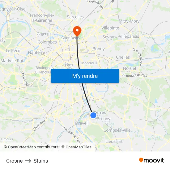 Crosne to Stains map