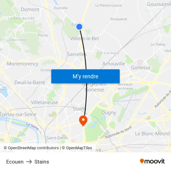 Ecouen to Stains map