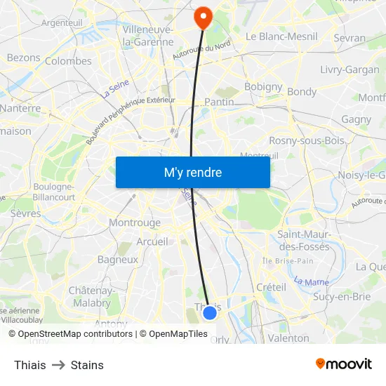 Thiais to Stains map