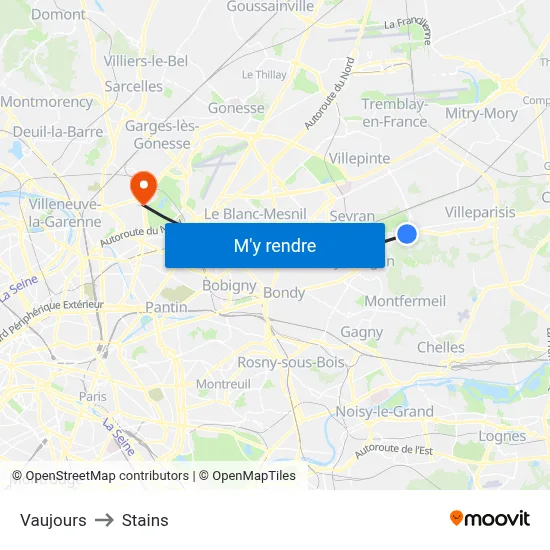 Vaujours to Stains map