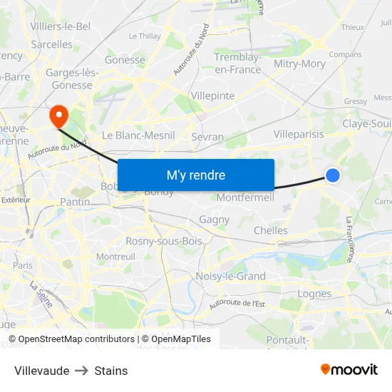 Villevaude to Stains map