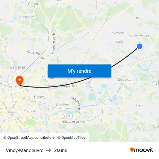 Vincy-Manoeuvre to Stains map