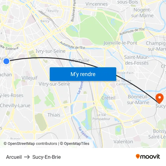Arcueil to Sucy-En-Brie map