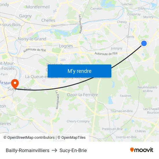 Bailly-Romainvilliers to Sucy-En-Brie map