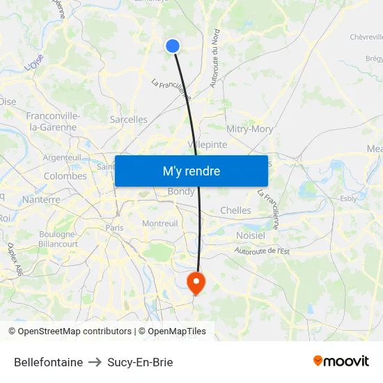 Bellefontaine to Sucy-En-Brie map