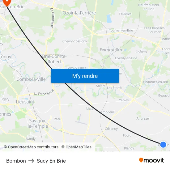 Bombon to Sucy-En-Brie map