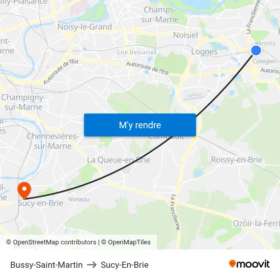 Bussy-Saint-Martin to Sucy-En-Brie map