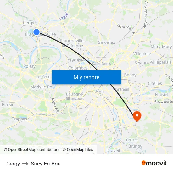 Cergy to Sucy-En-Brie map