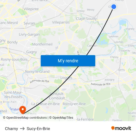 Charny to Sucy-En-Brie map