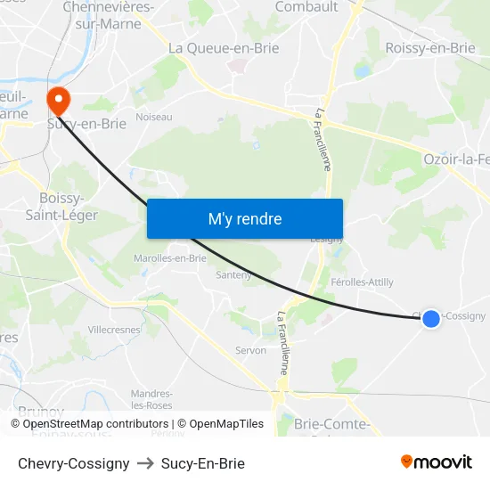 Chevry-Cossigny to Sucy-En-Brie map