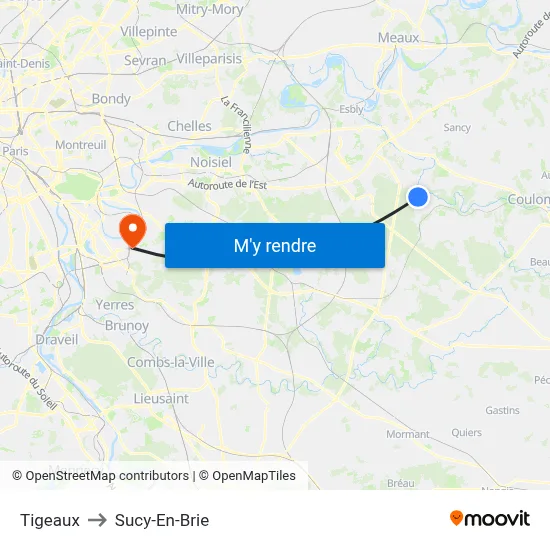 Tigeaux to Sucy-En-Brie map
