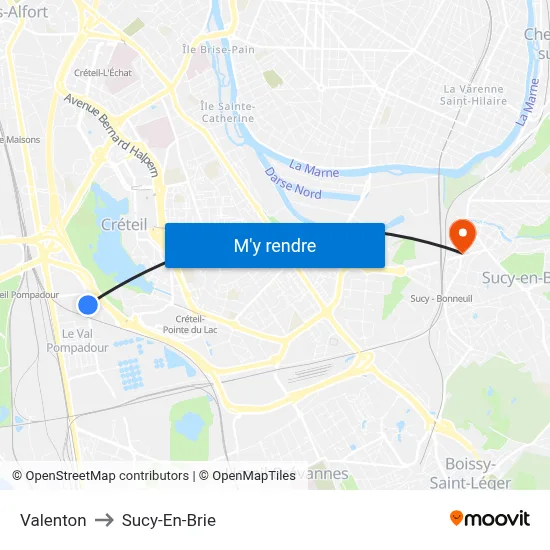 Valenton to Sucy-En-Brie map