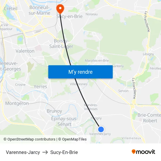 Varennes-Jarcy to Sucy-En-Brie map