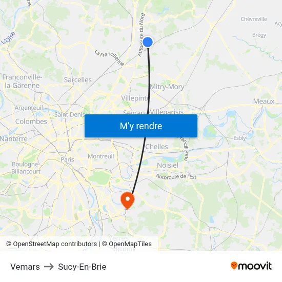 Vemars to Sucy-En-Brie map