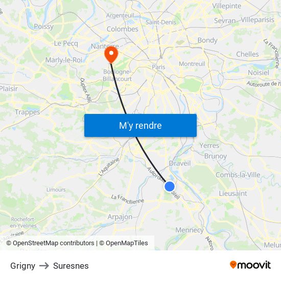 Grigny to Suresnes map