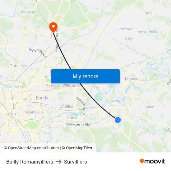 Bailly-Romainvilliers to Survilliers map