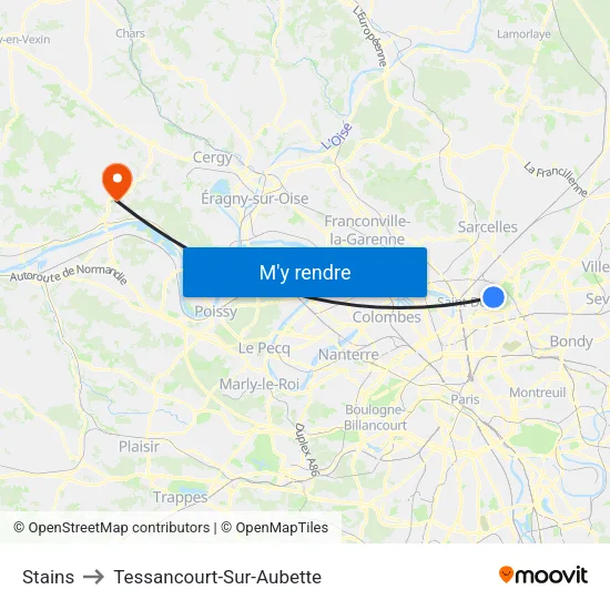 Stains to Tessancourt-Sur-Aubette map