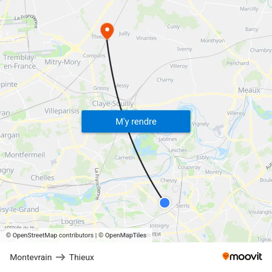Montevrain to Thieux map