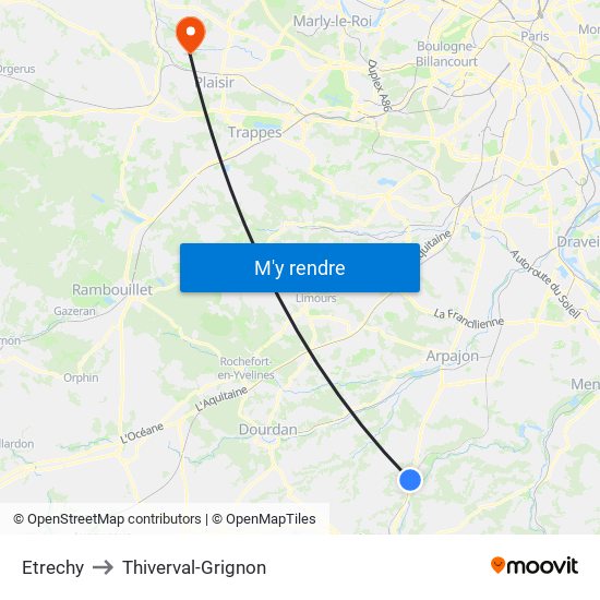 Etrechy to Thiverval-Grignon map