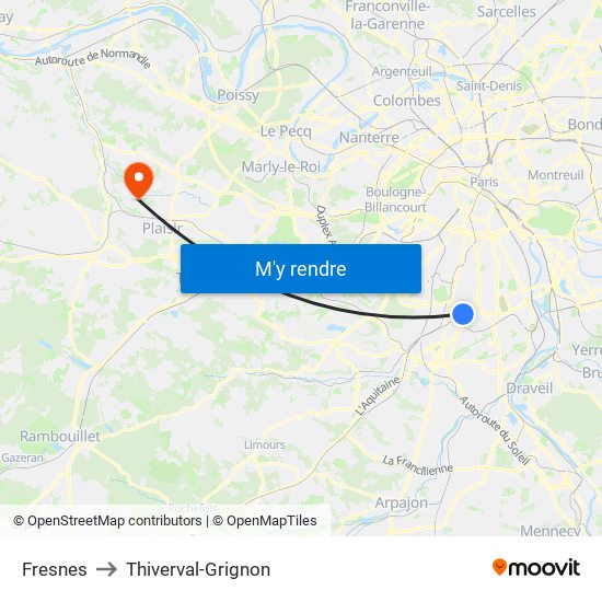 Fresnes to Thiverval-Grignon map