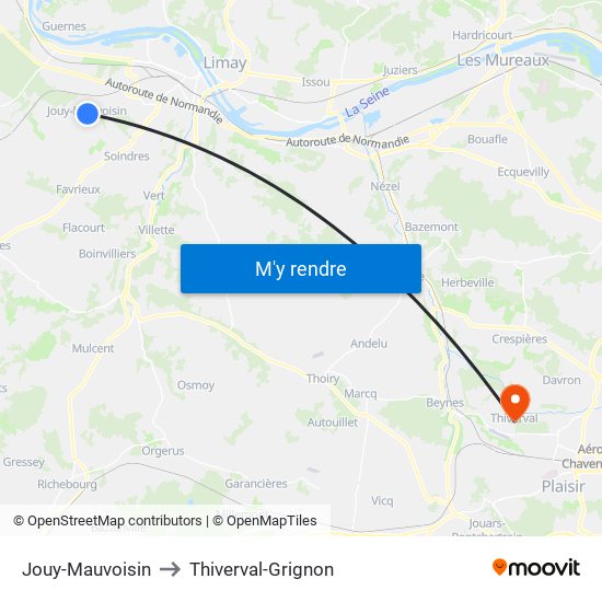 Jouy-Mauvoisin to Thiverval-Grignon map