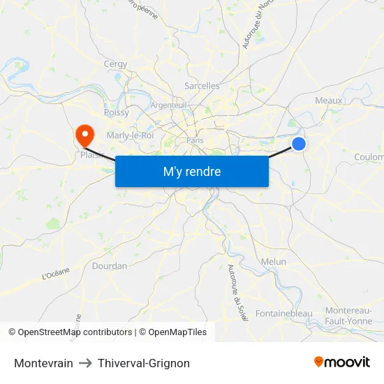 Montevrain to Thiverval-Grignon map