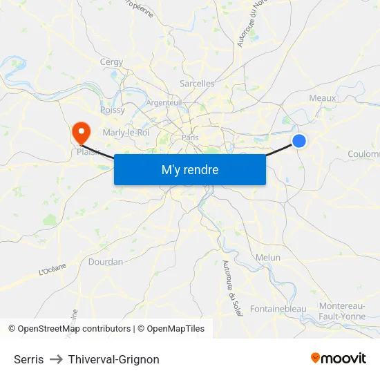 Serris to Thiverval-Grignon map