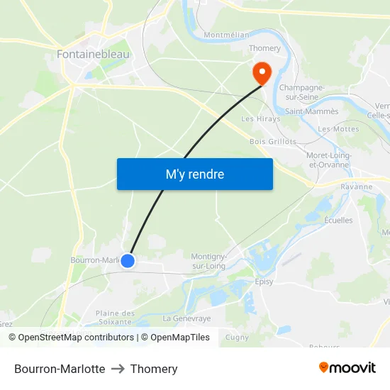 Bourron-Marlotte to Thomery map