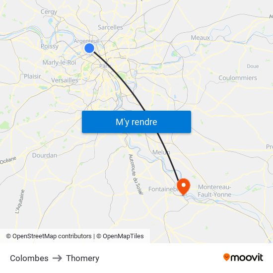 Colombes to Thomery map