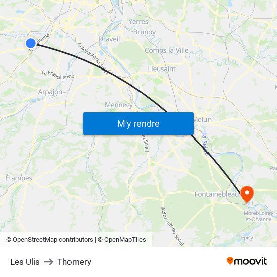 Les Ulis to Thomery map