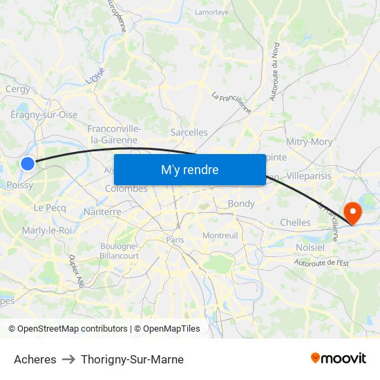 Acheres to Thorigny-Sur-Marne map