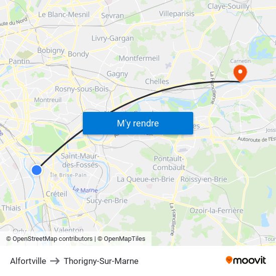 Alfortville to Thorigny-Sur-Marne map