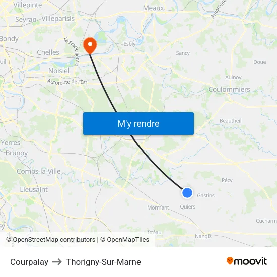 Courpalay to Thorigny-Sur-Marne map