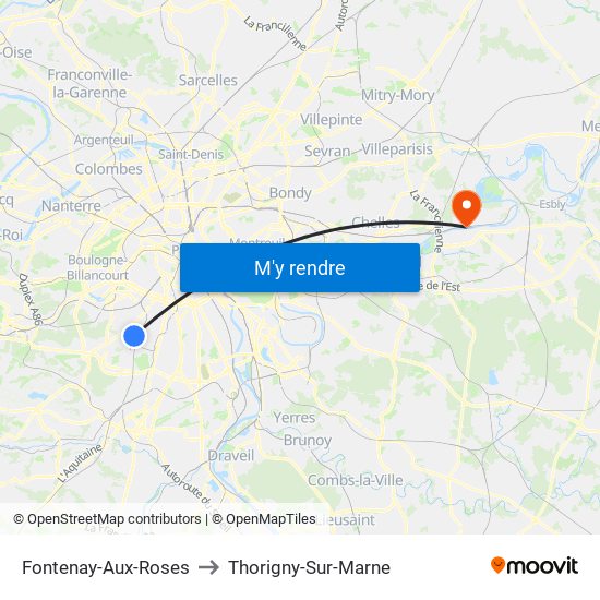 Fontenay-Aux-Roses to Thorigny-Sur-Marne map