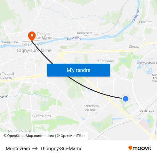 Montevrain to Thorigny-Sur-Marne map
