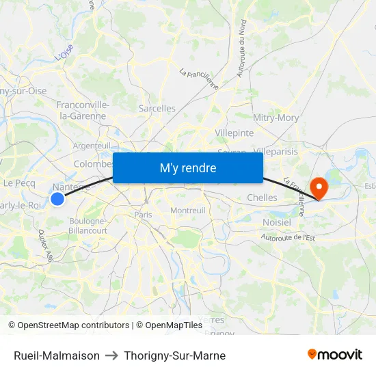 Rueil-Malmaison to Thorigny-Sur-Marne map