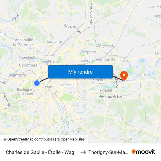 Charles de Gaulle - Étoile - Wagram to Thorigny-Sur-Marne map