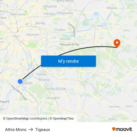 Athis-Mons to Tigeaux map