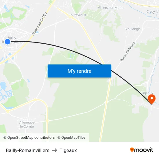 Bailly-Romainvilliers to Tigeaux map