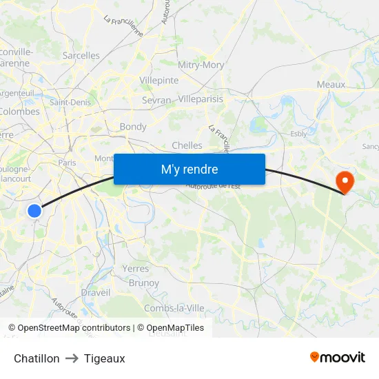 Chatillon to Tigeaux map