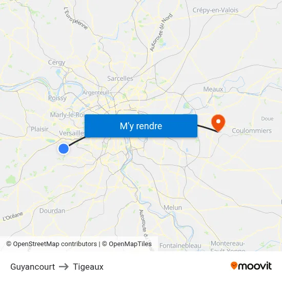 Guyancourt to Tigeaux map