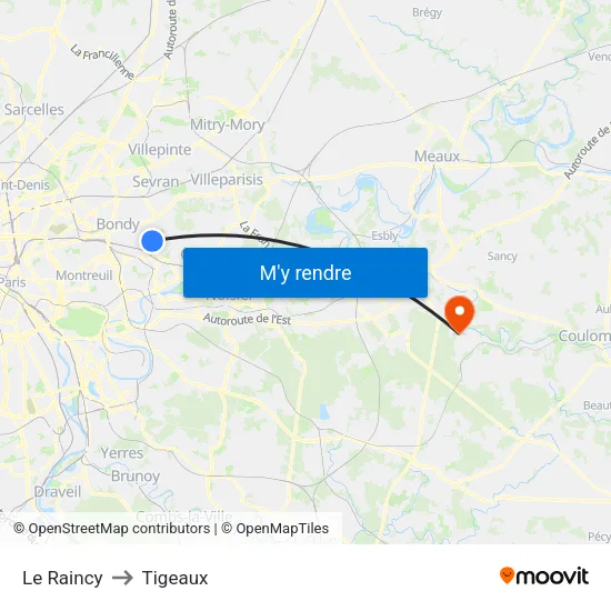 Le Raincy to Tigeaux map