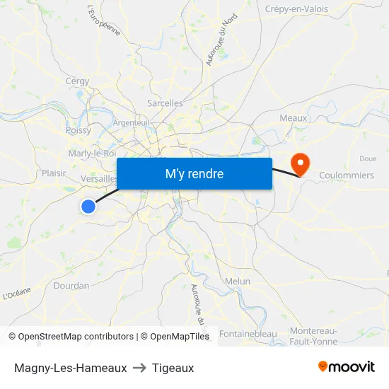 Magny-Les-Hameaux to Tigeaux map